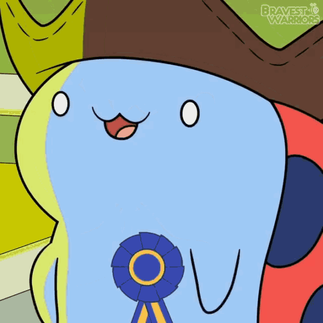 a cartoon character is wearing a cowboy hat and holding a blue ribbon