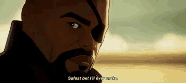 a man with a beard and eye patch is talking to another man in a cartoon .