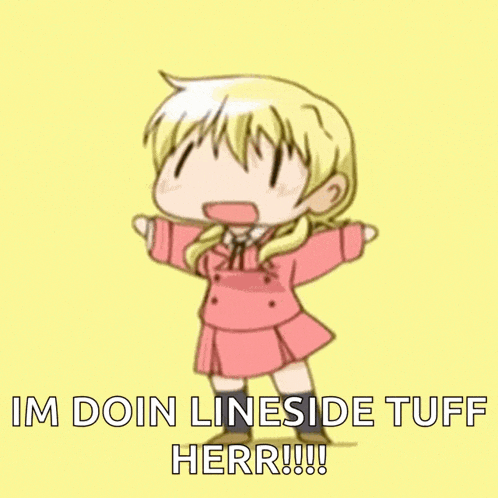 a little girl in a pink dress is saying i 'm doin lineside tuff herr