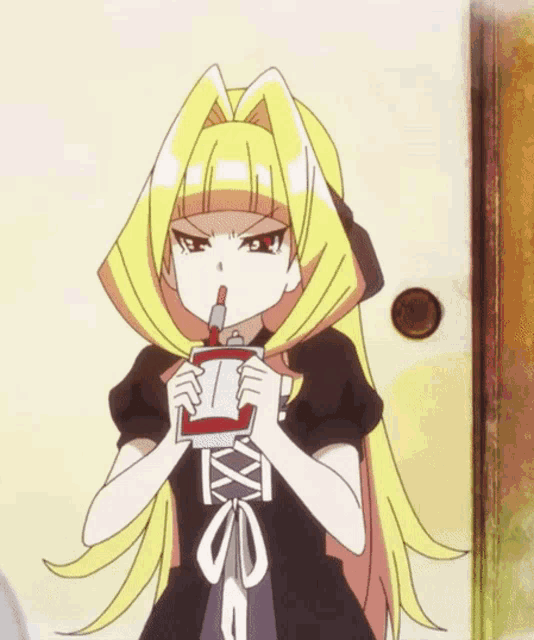 a girl with long blonde hair is holding a red lipstick