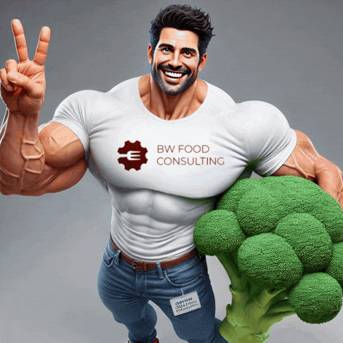 a man with a white shirt that says bw food consulting is holding a broccoli