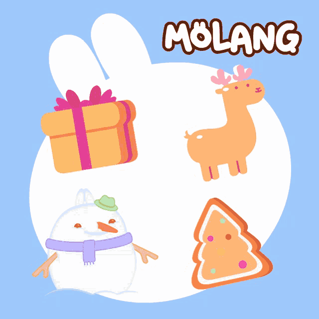 a snowman a deer a gift box and a gingerbread tree with the word molang on the bottom