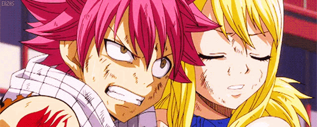 a couple of anime characters are standing next to each other and one of them has a tattoo on his arm