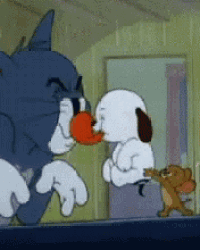 a cartoon of tom and jerry with a dog in the background .