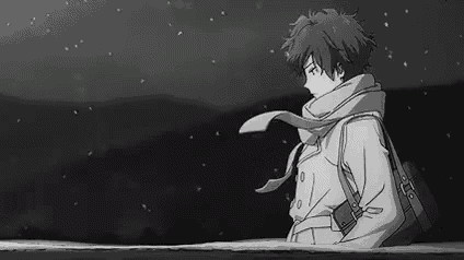 a black and white drawing of a boy standing in the snow with a scarf around his neck .