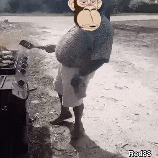 a monkey is holding a spatula while a man cooks food on a grill .