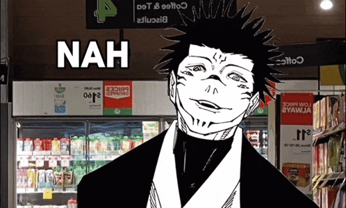 a black and white drawing of a man with the word nah above his head