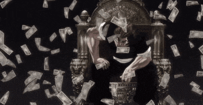 a man is sitting on a throne with money falling around him