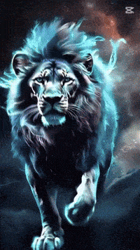 a painting of a lion with a blue mane running