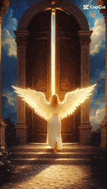 a painting of an angel standing in front of an open door that says capcut