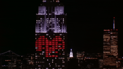 a large building with a heart shaped display on it