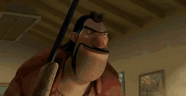 a cartoon character with a mustache is holding a sword