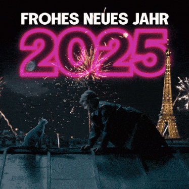 a cat sits on a roof in front of the eiffel tower with the number 2025 above it