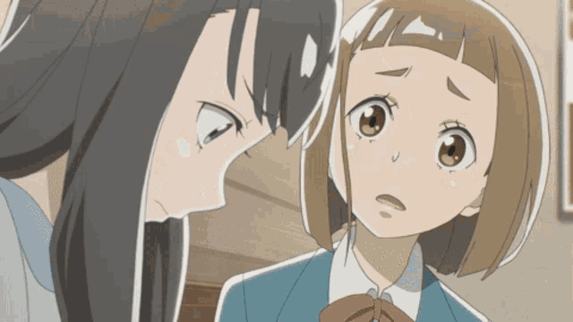 two anime girls are standing next to each other and one is looking up