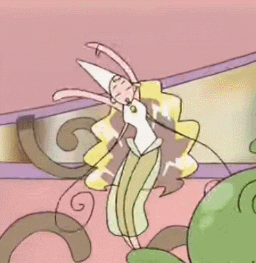 a cartoon of a fairy dancing in front of a green monster on a pink background .