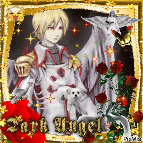a picture of a dark angel surrounded by roses and birds