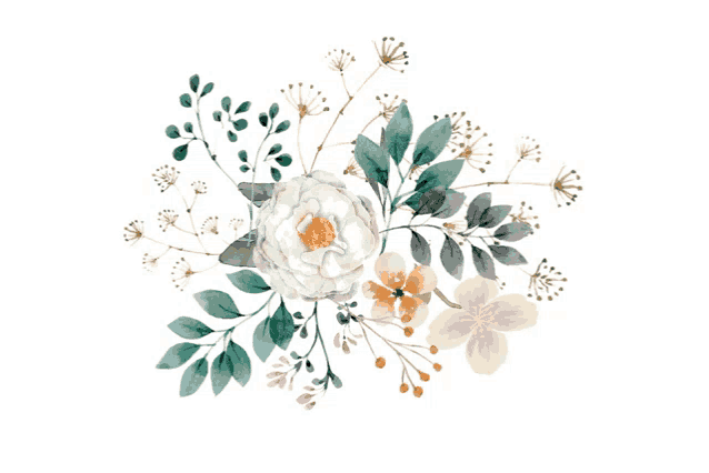 a bouquet of flowers with white flowers and green leaves on a white background