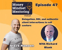a man is standing next to a picture of himself on a podcast called money mindset mentoring .
