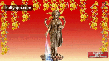 a statue of a woman is surrounded by flowers and has a subscribe button