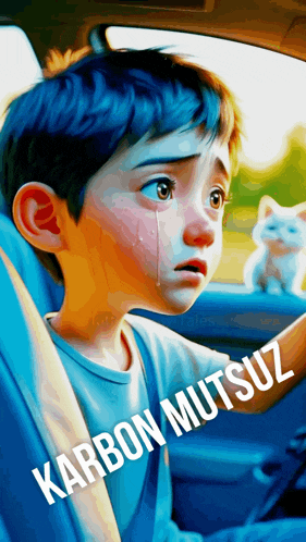 a boy is crying in a car with the words karbon mutsuz on the bottom right