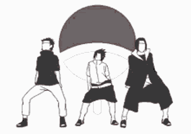 a drawing of three people standing next to each other with a red circle in the background