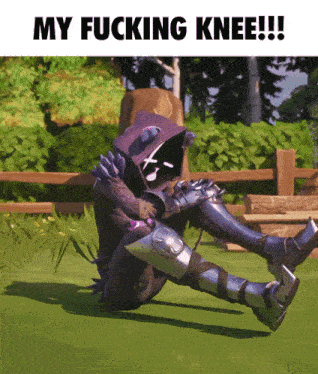 a video game character is kneeling down with the words " my fucking knee " below him