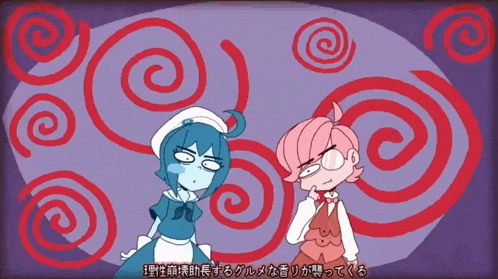 two cartoon characters are standing in front of swirls in a purple background