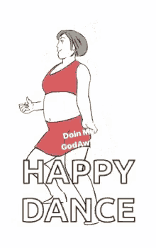a cartoon of a woman sitting on a man 's lap with the words `` happy dance '' .
