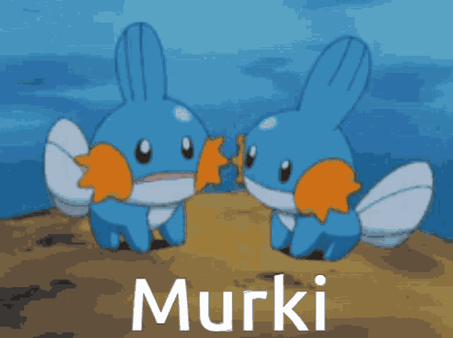 two murki pokemon are standing next to each other on a sandy beach