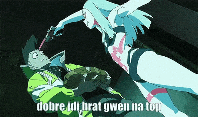a cartoon of a man and a woman with the words dobre jdi hrat gwen na top