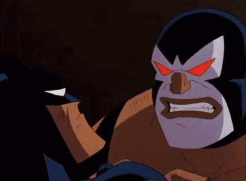 a cartoon of bane screaming at batman with his mouth wide open