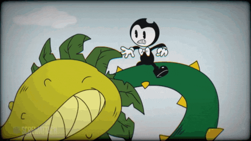 a cartoon character is sitting on top of a green plant with a yellow flower