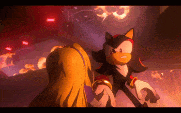 shadow the hedgehog stands next to a girl in a video game