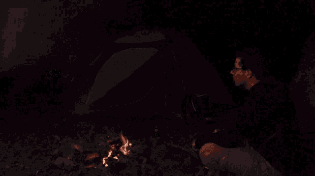 a man sits in front of a tent drinking from a bottle with the words " fuck it " written below him