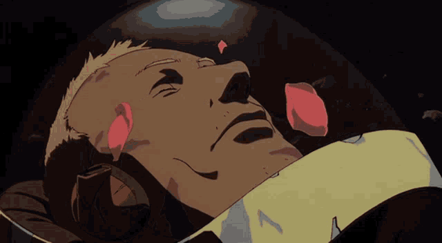 a cartoon drawing of a man laying down with petals falling on his face
