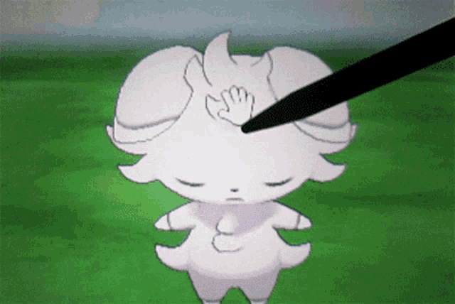 a white cartoon character is being touched by a black pen