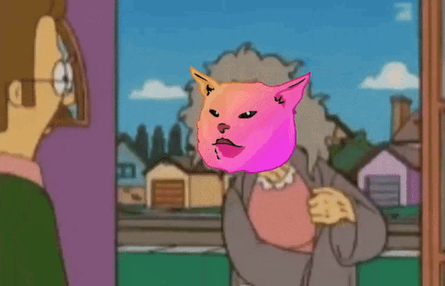 a cartoon of a man and a woman with a pink cat on their head