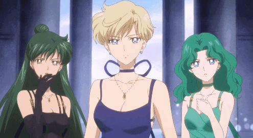 three anime characters are standing next to each other with one wearing a blue dress