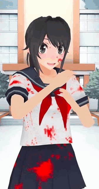 a girl in a school uniform with blood on her shirt and skirt