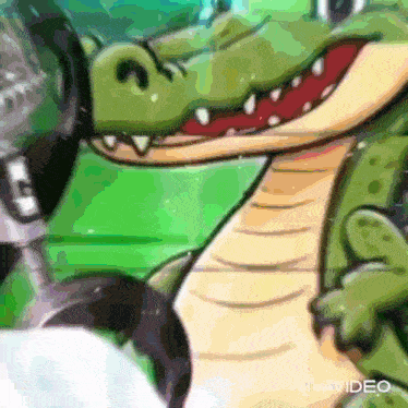 a cartoon drawing of a crocodile with a microphone in its mouth