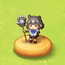 a pixel art drawing of a girl holding a stick standing on a donut