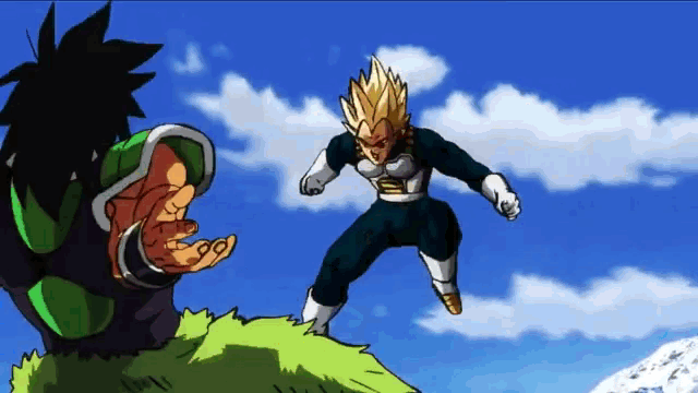 a cartoon of vegeta and broly from dragon ball fighting