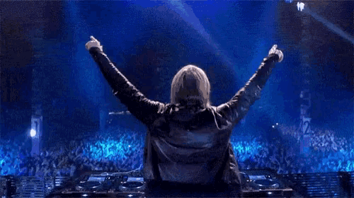 a dj with his arms outstretched in front of a crowd