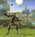 a video game character is holding a sword in his hand .