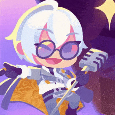 a cartoon character with glasses and a microphone in his hand
