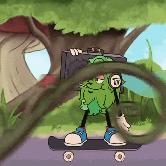 a cartoon character is riding a skateboard with a boombox on his back