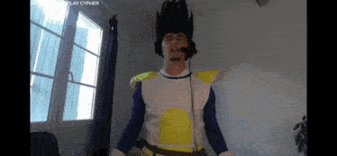 a man in a dragon ball z costume is wearing a microphone and headphones