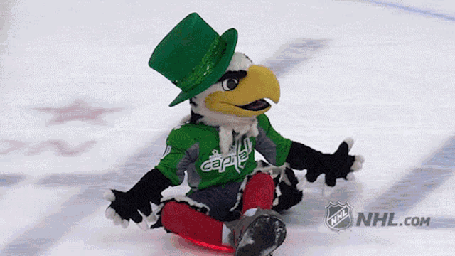 a mascot wearing a green top hat and a jersey that says capital on it
