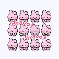 a row of pink rabbits with the words bravo written on them .