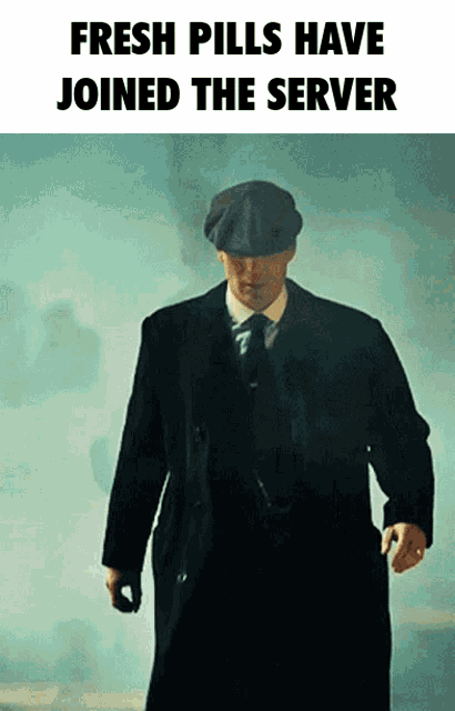 a man in a suit and tie walking with the words fresh pills have joined the server on the bottom
